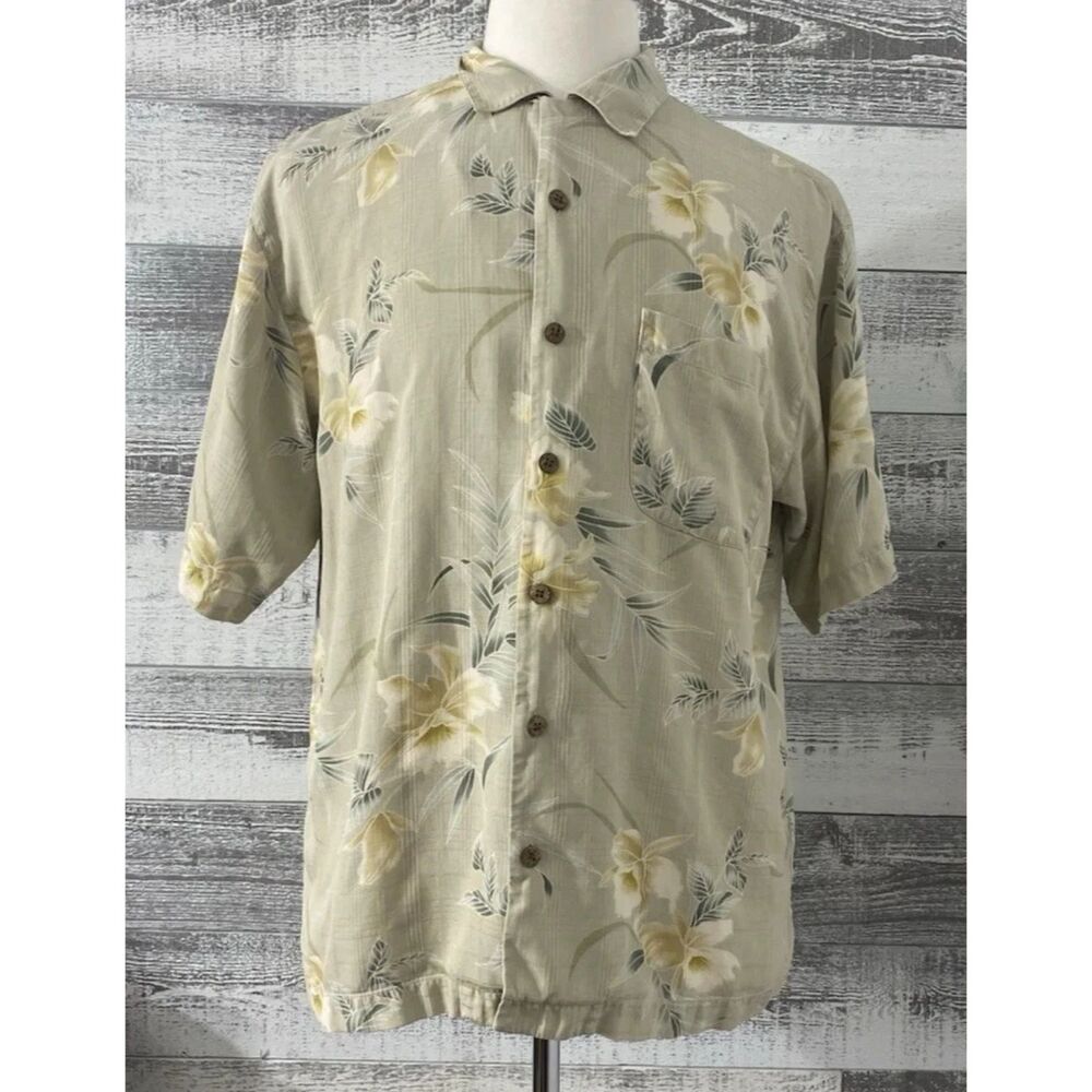 Tommy Bahama Shirt Men's M Beige Flower Hawaiian Button Down 100% Silk Beach